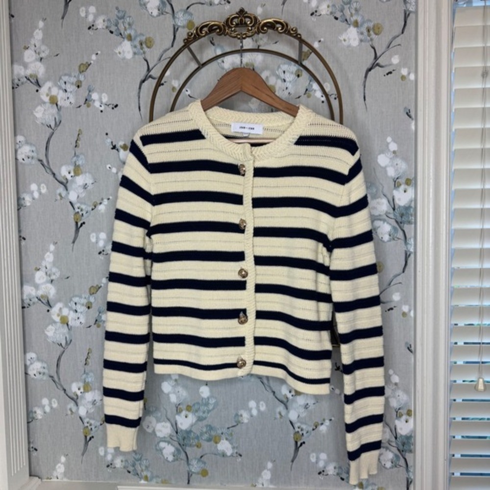 John + Jenn Striped Cotton‎ Cardigan Sweater Cream Navy Gold Crest Buttons XS
